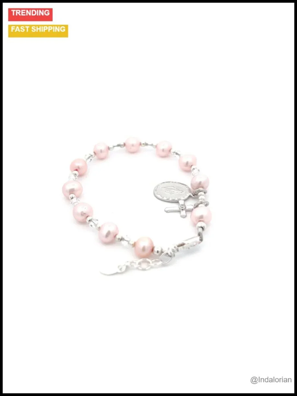 Kids Rosary Bracelet Sterling Silver 925 First Communion Gift Pink Pearls